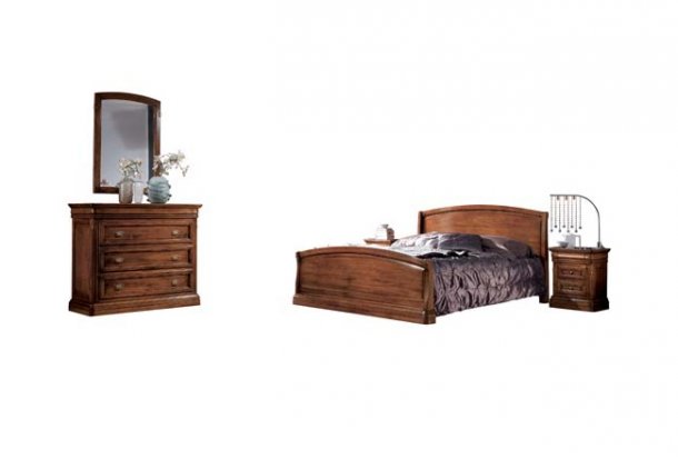 Double bed, chest of 3 drawers, mirror and bed table with 2 drawers  